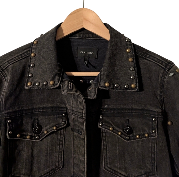 Driftwood Genna Studded Button Down Black Distress Denim Jacket Western Bronze - Picture 4 of 15